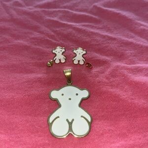 Tous Gold and White 18k Teddy Bear Pendant and Earrings Set